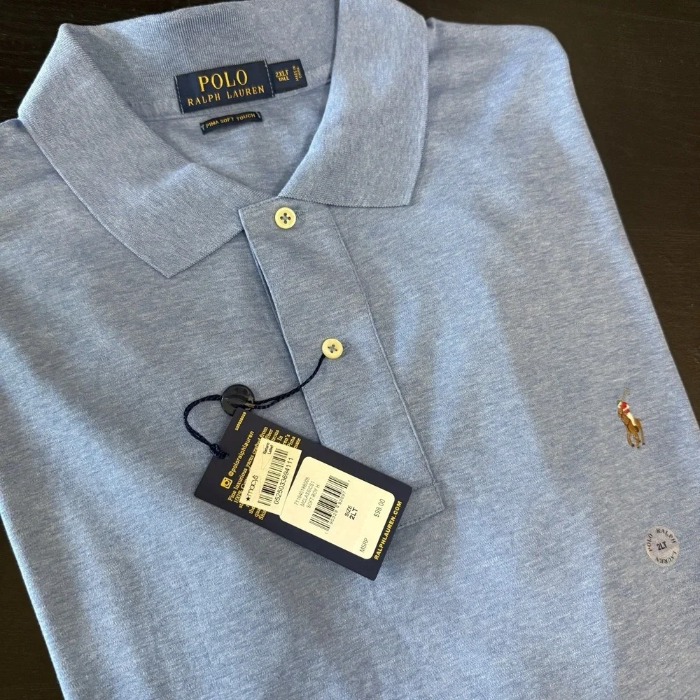 New Polo Ralph Lauren Brushed Blue Polo Shirt Mens 2XLT Tall Pima Cotton‎ Preppy